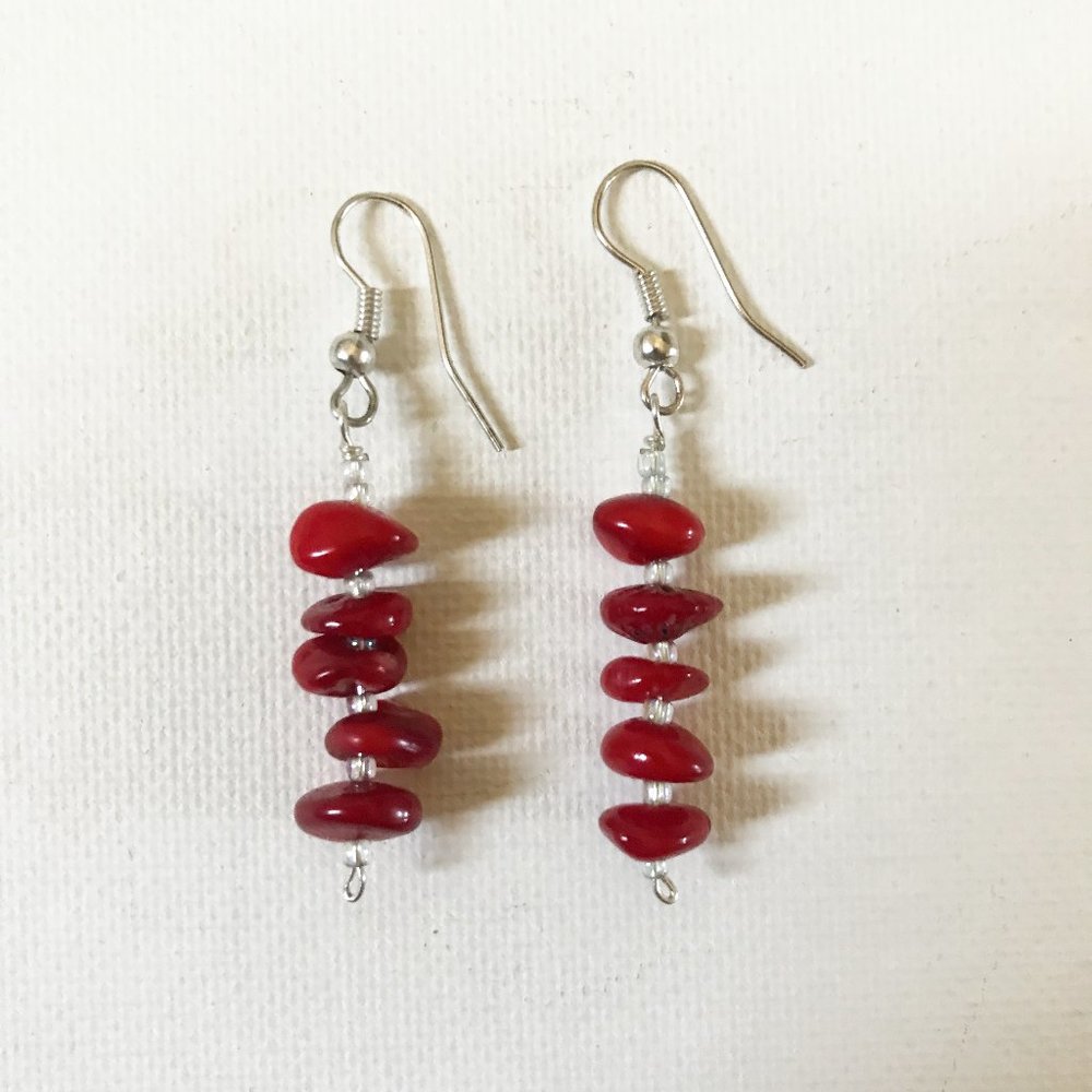 Red Coral Drop Gemstone Earrings Ocean Sea Summer Boho Hippie Sun Surf